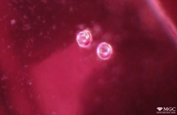 Gas bubbles in synthetic ruby. Synthesis method - Vernel method. View mode - reflected light.