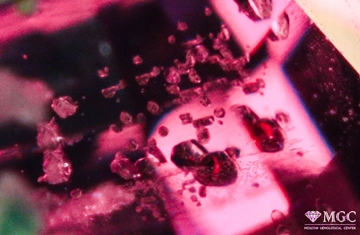 Включения кристаллов кальцита и апатита в природной шпинели. Режим просмотра - тёмнопольное освещение.