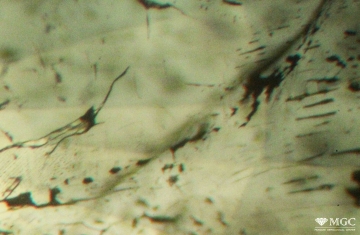 Two-phase and tubular inclusions in natural alexandrite. View mode - dark lighting.