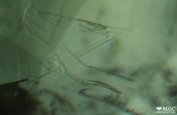 Two-phase inclusions in natural alexandrite. View mode - dark lighting.