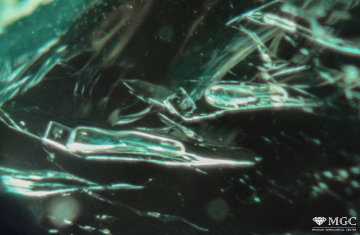 Three-phase inclusions in emerald (Colombia). View mode - dark lighting.