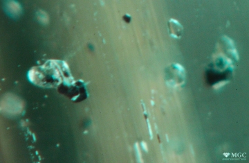 Group of mineral inclusions in natural emerald (Central African region). View mode - dark lighting.