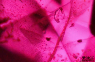 Two-phase internal inclusions in natural ruby (Burma deposits). View mode - dark-field lighting.