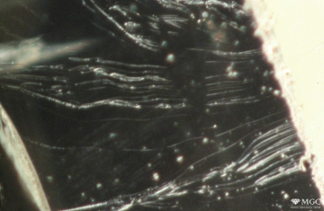 Dendritic biphasic inclusions in natural chrysolite. View mode - dark-field lighting.