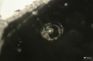 Veil of two-phase inclusions around mineral inclusion in natural chrysolite. View mode - dark-field lighting.