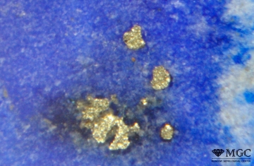 Pyrite inclusions in lapis lazuli, deposit Little-Bystrinskoe, Irkutsk region. View Mode - reflected light