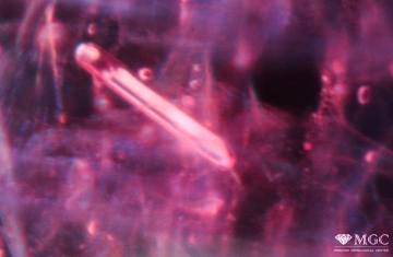 Кристалл апатита в природном рубине, подвергнутом термообработке и "лечению" стеклом. Режим просмотра - тёмнопольный свет.